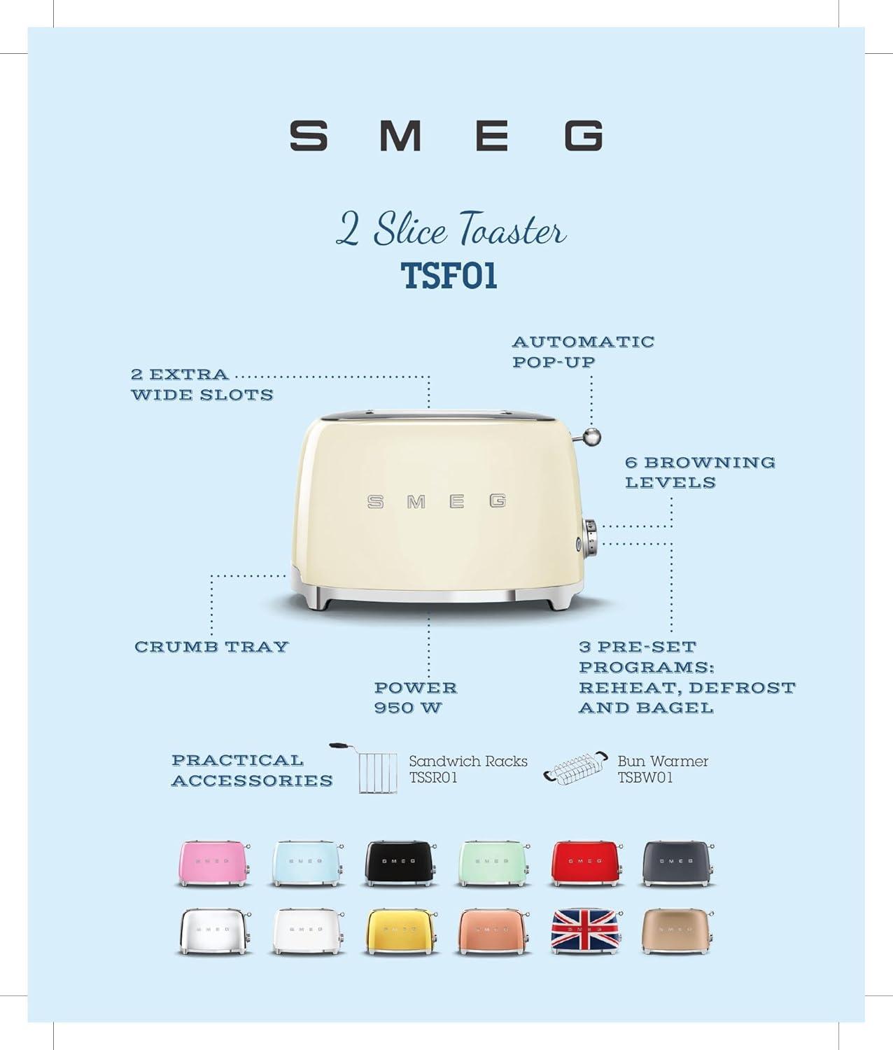 imageSMEG 2 Slice Toaster with 6 Presets and Defrost Function and Removable Crumb Tray JadeWhite