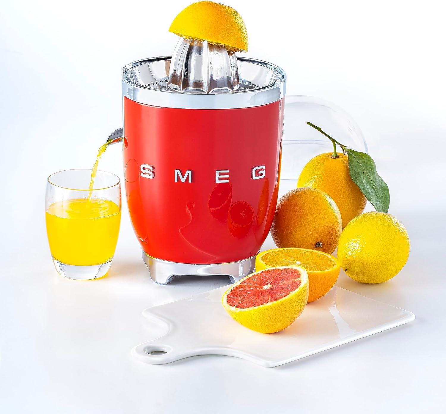 imageSMEG 50s Retro Style Citrus Juicer with Drip Free Spout Automatic Activation and Efficient Straining BlackRed