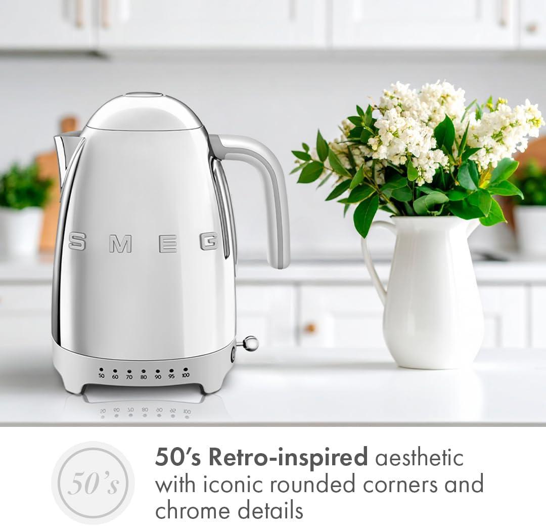 imageSMEG 7Cup Variable Temperature Electric Kettle Retro Style Aesthetic with Advanced Technology Stainless Steel 1400W 120V 360 Swivel Base Keep Warm Function Stainless Steel