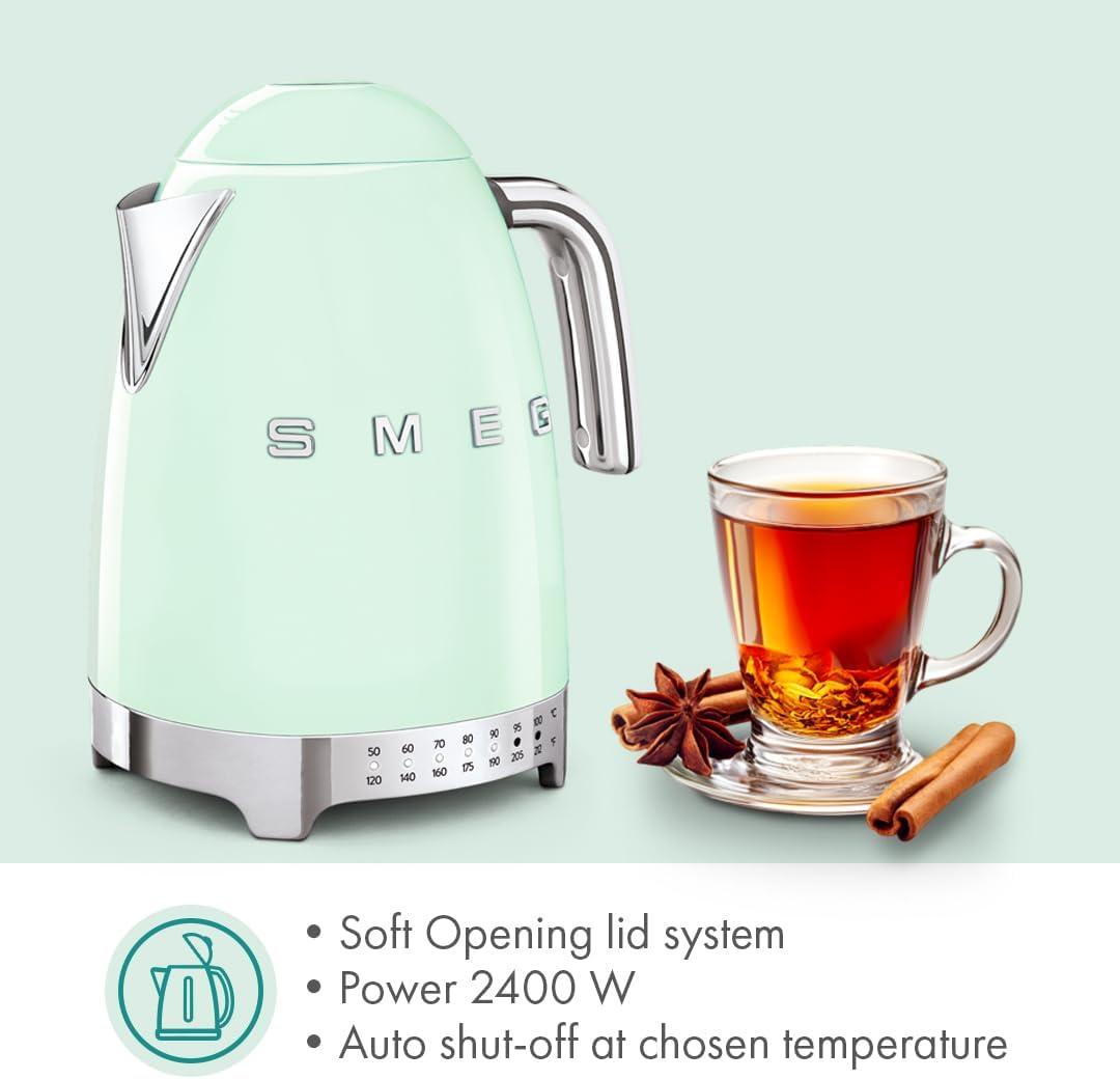 imageSMEG 7Cup Variable Temperature Electric Kettle Retro Style Aesthetic with Advanced Technology Stainless Steel 1400W 120V 360 Swivel Base Keep Warm Function Pastel Green