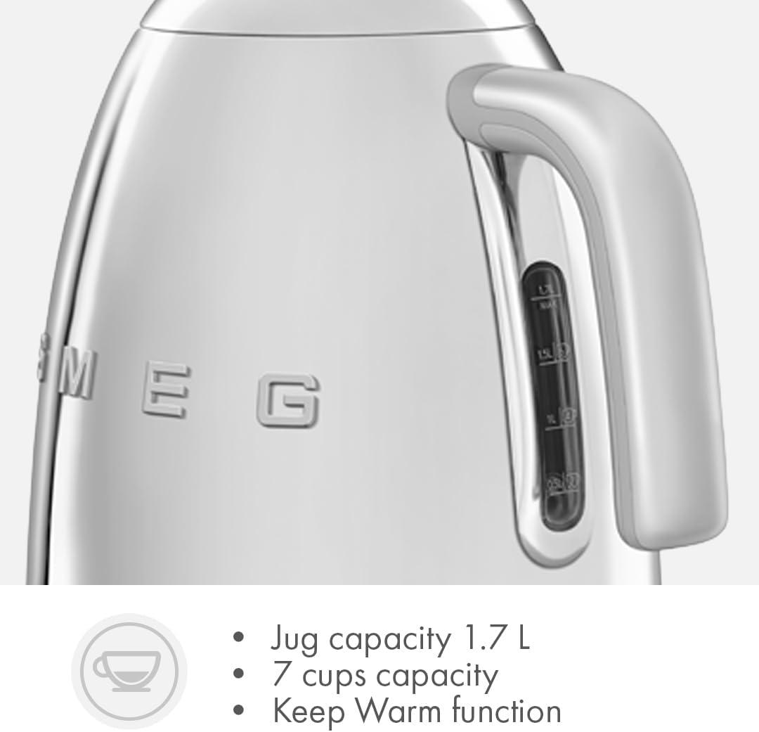 imageSMEG 7Cup Variable Temperature Electric Kettle Retro Style Aesthetic with Advanced Technology Stainless Steel 1400W 120V 360 Swivel Base Keep Warm Function Stainless Steel