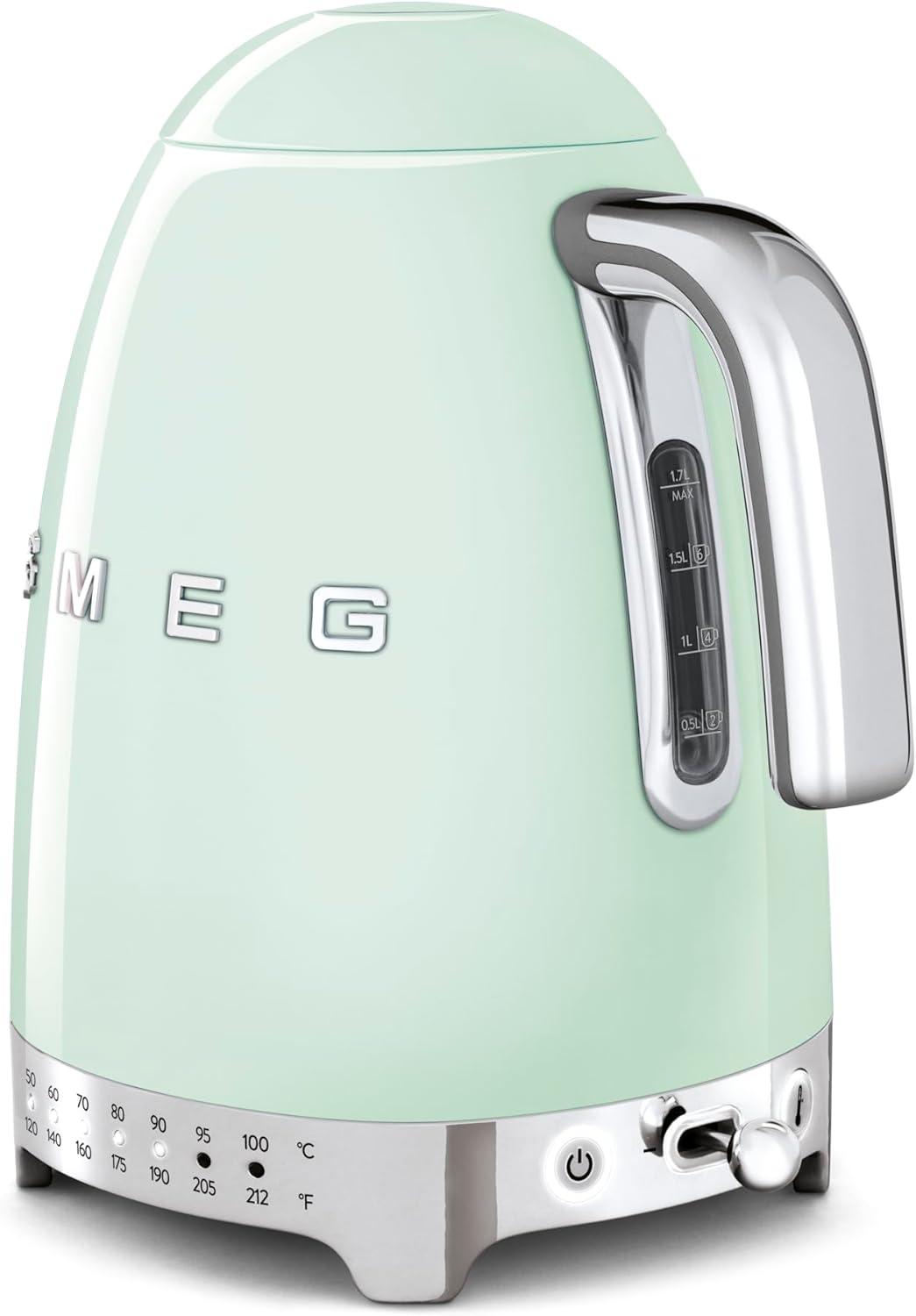 imageSMEG 7Cup Variable Temperature Electric Kettle Retro Style Aesthetic with Advanced Technology Stainless Steel 1400W 120V 360 Swivel Base Keep Warm Function Pastel Green