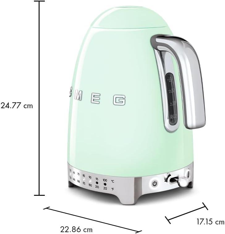imageSMEG 7Cup Variable Temperature Electric Kettle Retro Style Aesthetic with Advanced Technology Stainless Steel 1400W 120V 360 Swivel Base Keep Warm Function Pastel Green