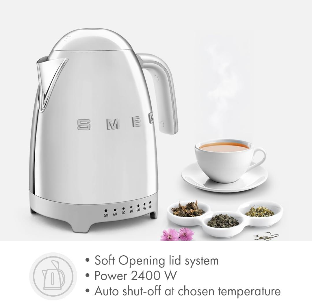 imageSMEG 7Cup Variable Temperature Electric Kettle Retro Style Aesthetic with Advanced Technology Stainless Steel 1400W 120V 360 Swivel Base Keep Warm Function Stainless Steel