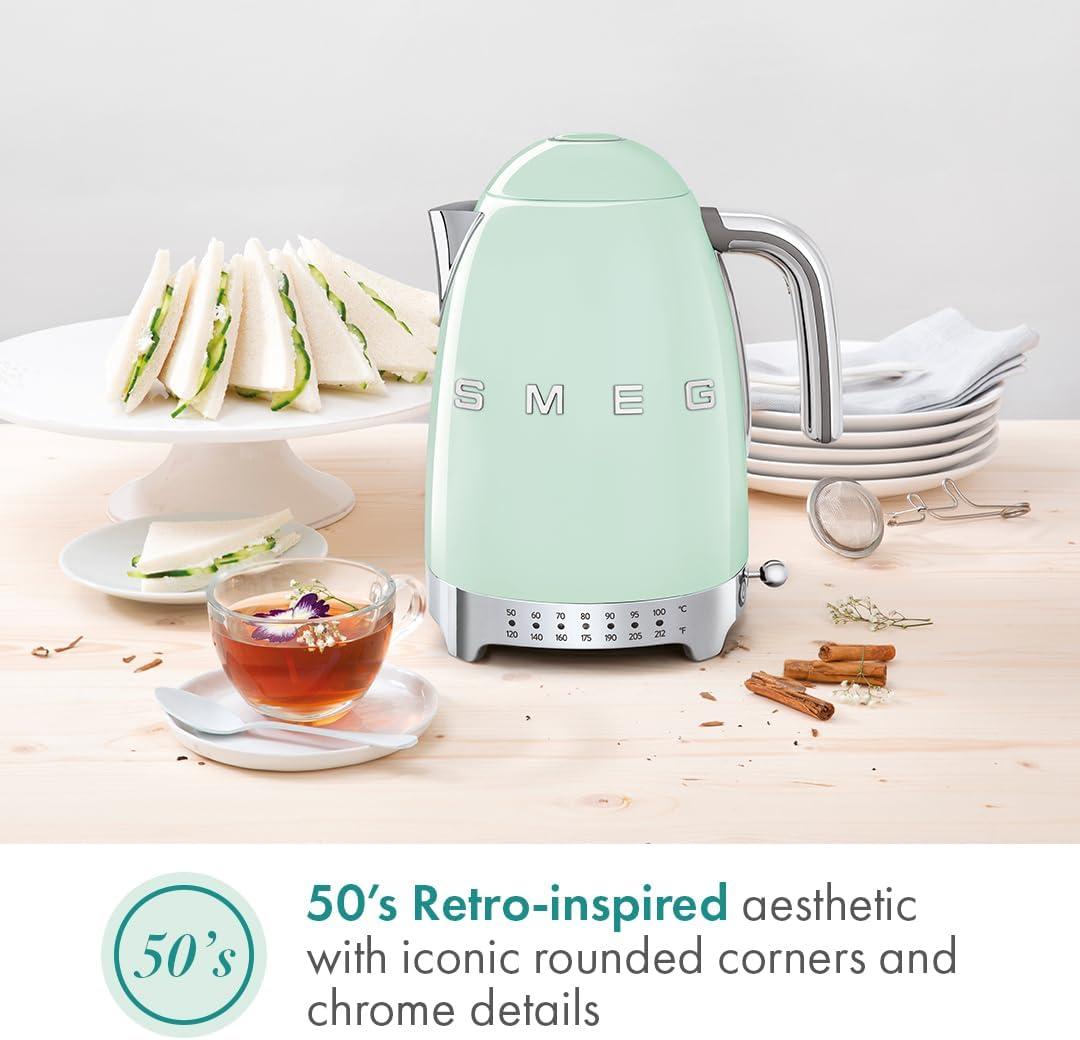 imageSMEG 7Cup Variable Temperature Electric Kettle Retro Style Aesthetic with Advanced Technology Stainless Steel 1400W 120V 360 Swivel Base Keep Warm Function Pastel Green