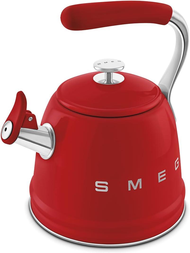 imageSMEG Retro Stovetop Whistling Kettle 24Q WhiteRed