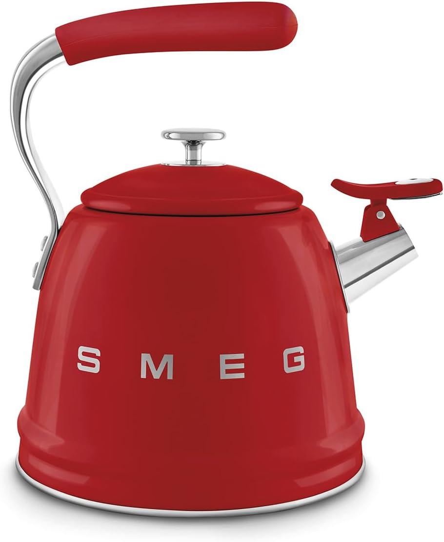 imageSMEG Retro Stovetop Whistling Kettle 24Q WhiteRed
