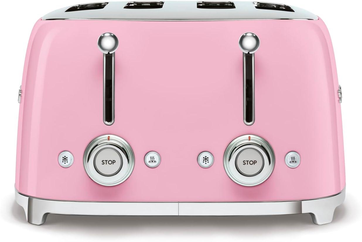 imageSmeg 50s Style Retro Aesthetic 4 Slice Toaster 6 Presets Extra Wide Slots Pastel Green TSF03PGUSPink