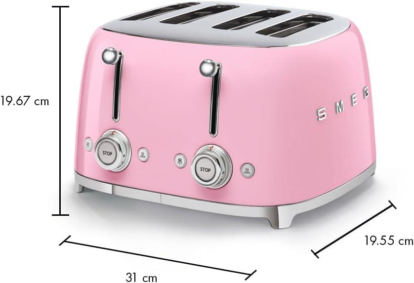 imageSmeg 50s Style Retro Aesthetic 4 Slice Toaster 6 Presets Extra Wide Slots Pastel Green TSF03PGUSPink