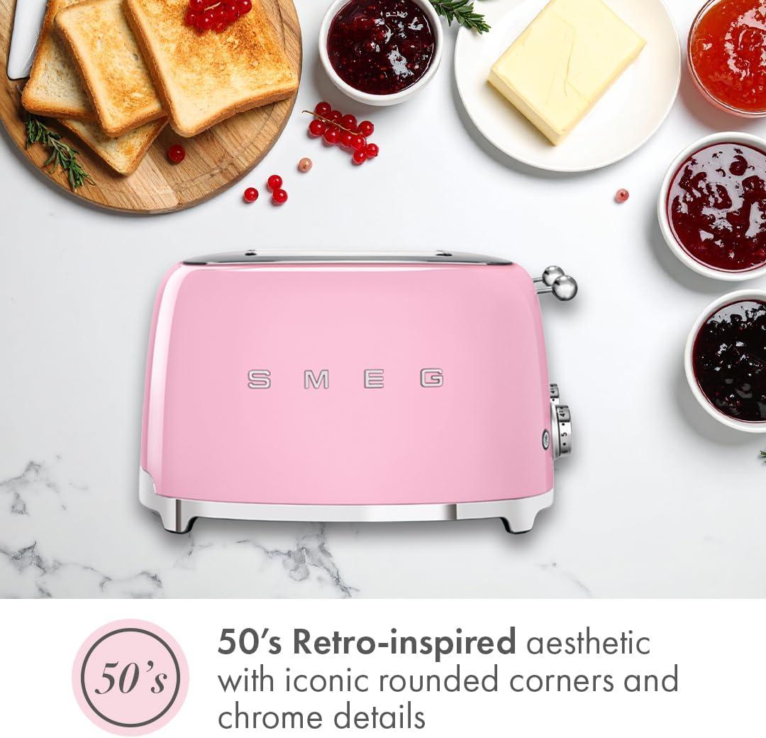 imageSmeg 50s Style Retro Aesthetic 4 Slice Toaster 6 Presets Extra Wide Slots Pastel Green TSF03PGUSPink