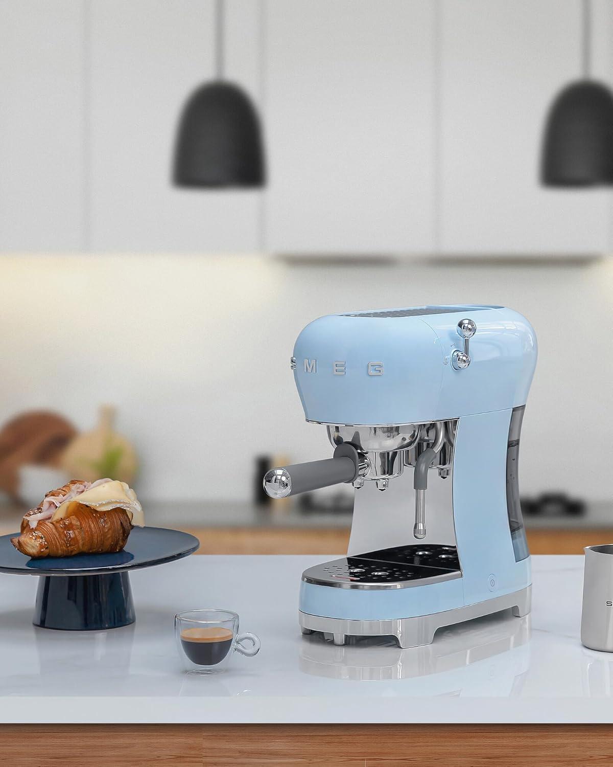 imageSmeg ECF02 Italian Espresso Machine Manual 15Bar Coffee Maker Made in Italy Retro Design with Steam Wand WhitePastel Blue