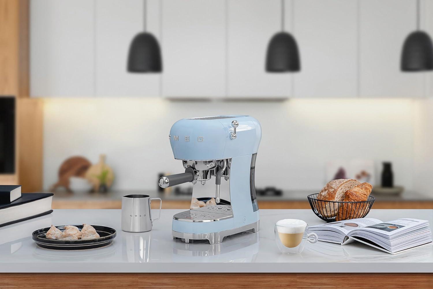 imageSmeg ECF02 Italian Espresso Machine Manual 15Bar Coffee Maker Made in Italy Retro Design with Steam Wand WhitePastel Blue