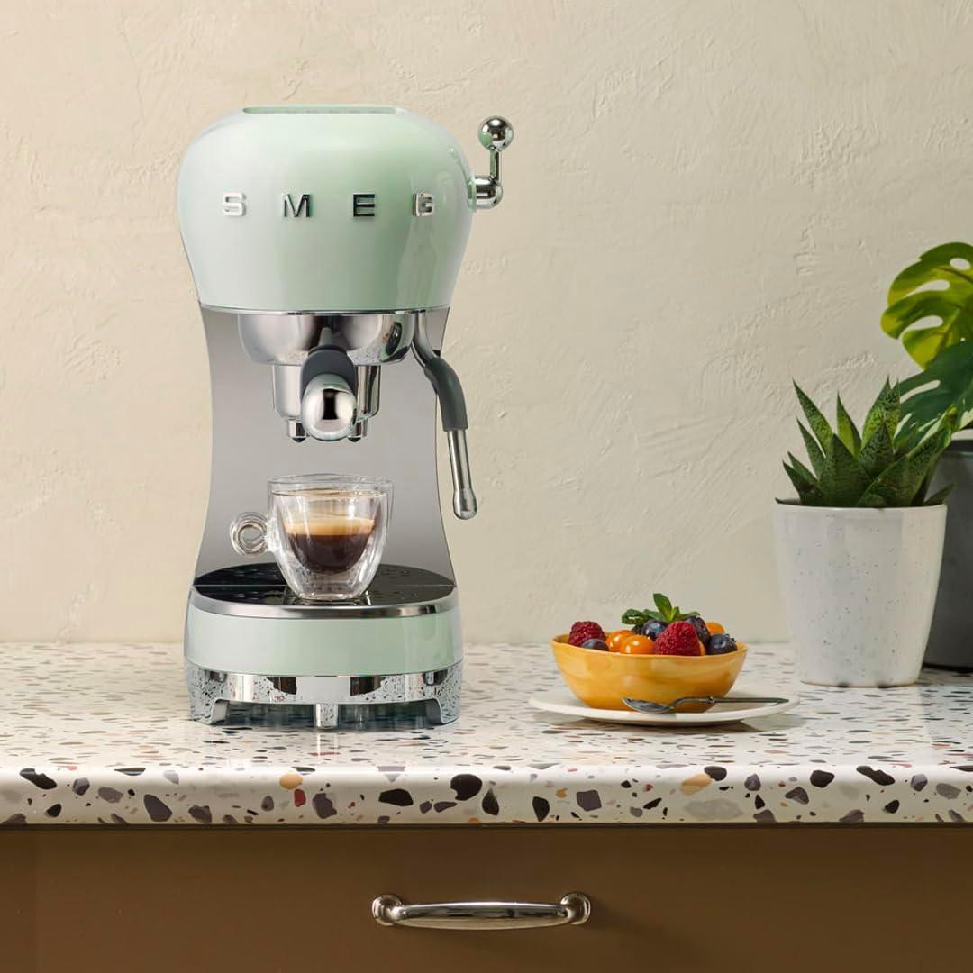 imageSmeg ECF02 Italian Espresso Machine Manual 15Bar Coffee Maker Made in Italy Retro Design with Steam Wand WhitePastel Green