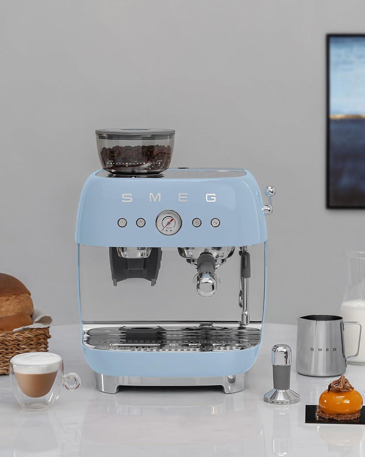 imageSmeg EGF03 SemiAutomatic Espresso Machine with BuiltIn Grinder Dual Thermoblock 50s Retro Style Pastel Blue 120 VPastel Blue