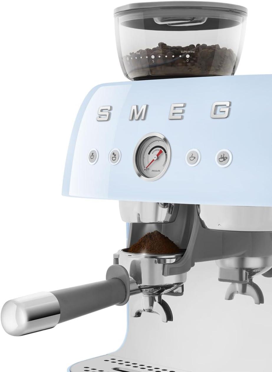 imageSmeg EGF03 SemiAutomatic Espresso Machine with BuiltIn Grinder Dual Thermoblock 50s Retro Style Pastel Blue 120 VPastel Blue
