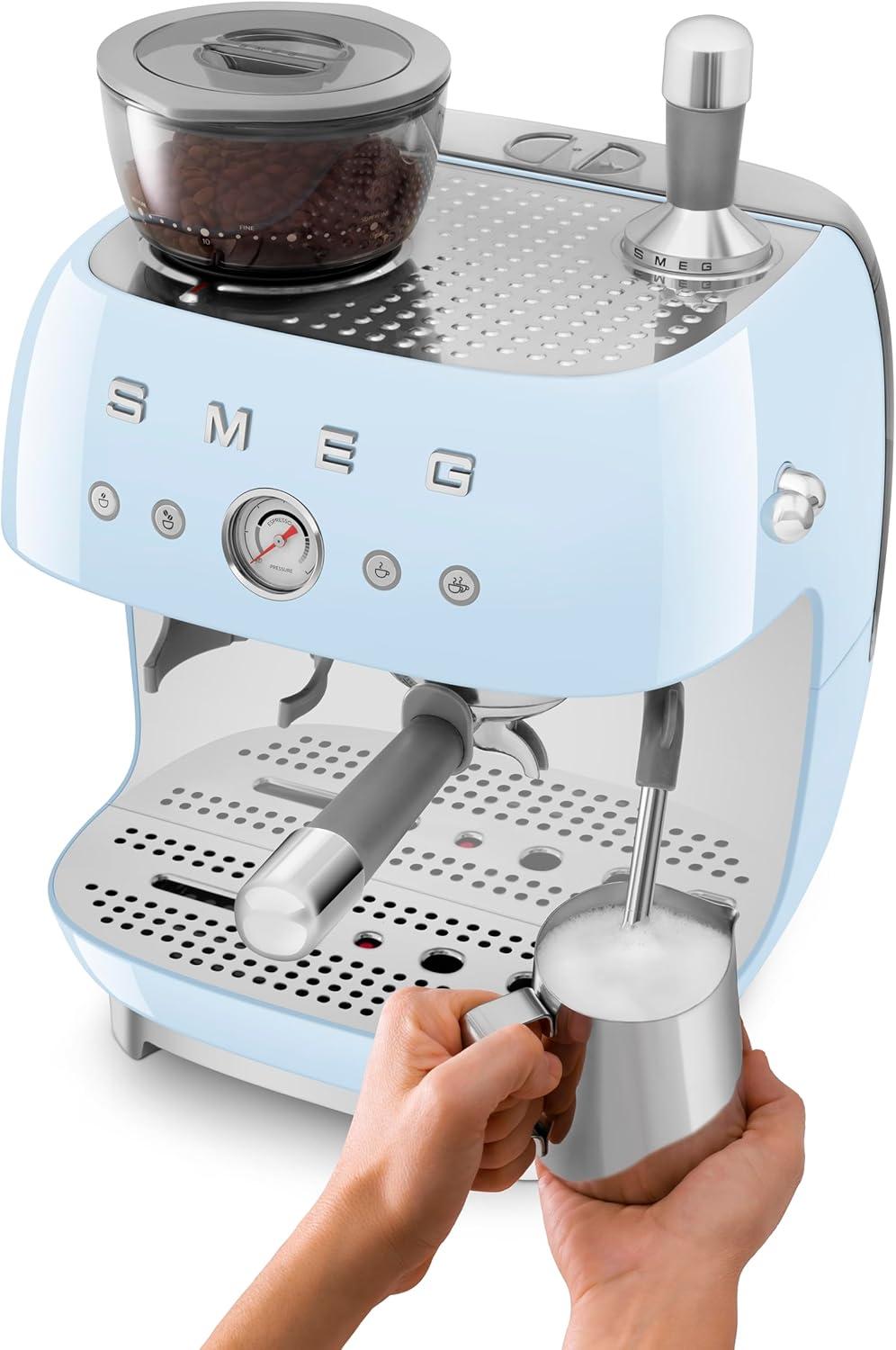 imageSmeg EGF03 SemiAutomatic Espresso Machine with BuiltIn Grinder Dual Thermoblock 50s Retro Style Pastel Blue 120 VPastel Blue