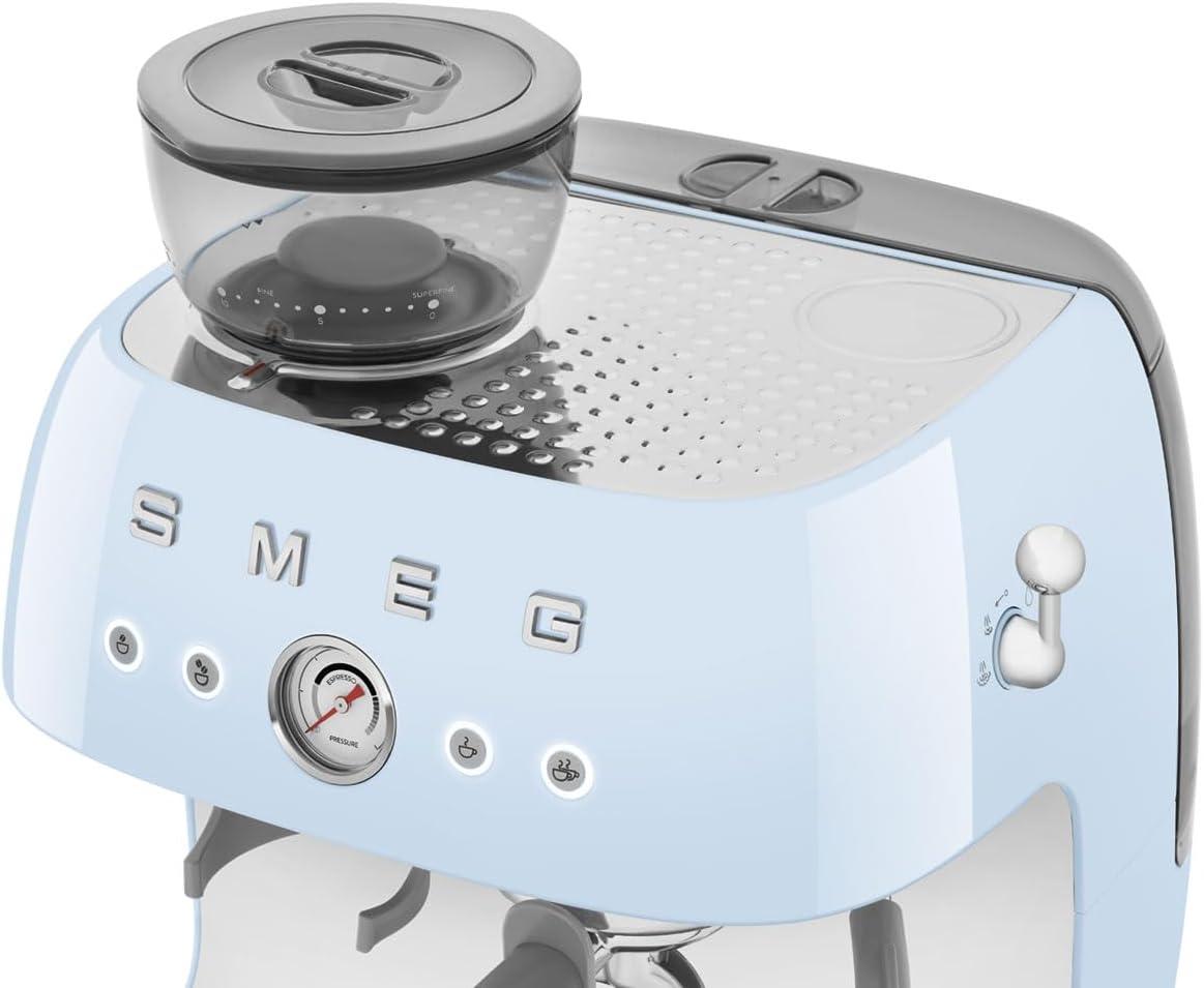 imageSmeg EGF03 SemiAutomatic Espresso Machine with BuiltIn Grinder Dual Thermoblock 50s Retro Style Pastel Blue 120 VPastel Blue
