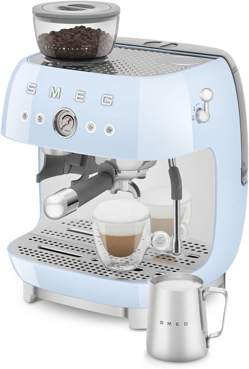 imageSmeg EGF03 SemiAutomatic Espresso Machine with BuiltIn Grinder Dual Thermoblock 50s Retro Style Pastel Blue 120 VPastel Blue