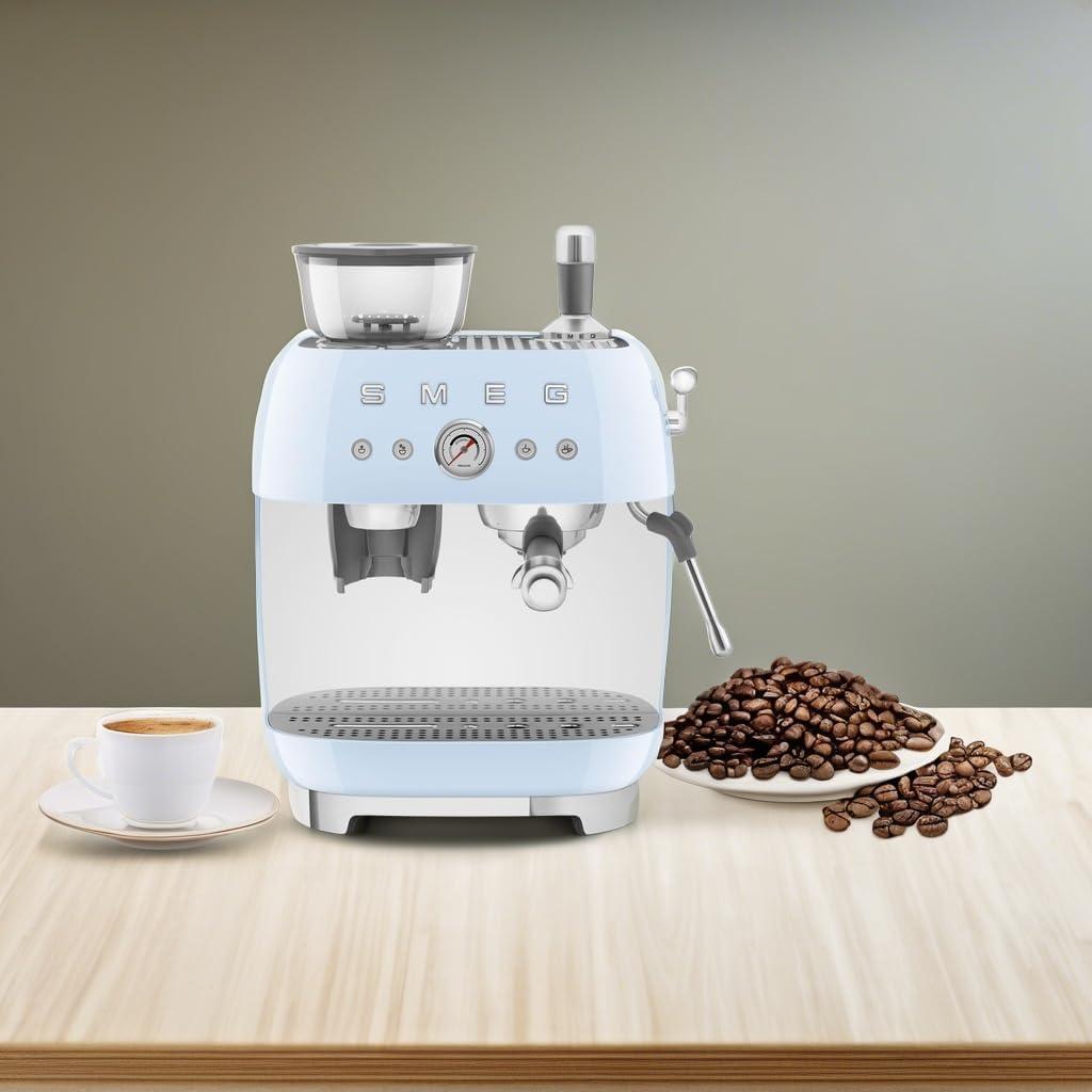 imageSmeg EGF03 SemiAutomatic Espresso Machine with BuiltIn Grinder Dual Thermoblock 50s Retro Style Pastel Blue 120 VPastel Blue
