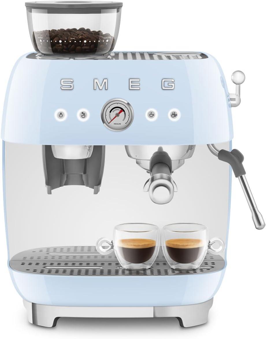 imageSmeg EGF03 SemiAutomatic Espresso Machine with BuiltIn Grinder Dual Thermoblock 50s Retro Style Pastel Blue 120 VPastel Blue