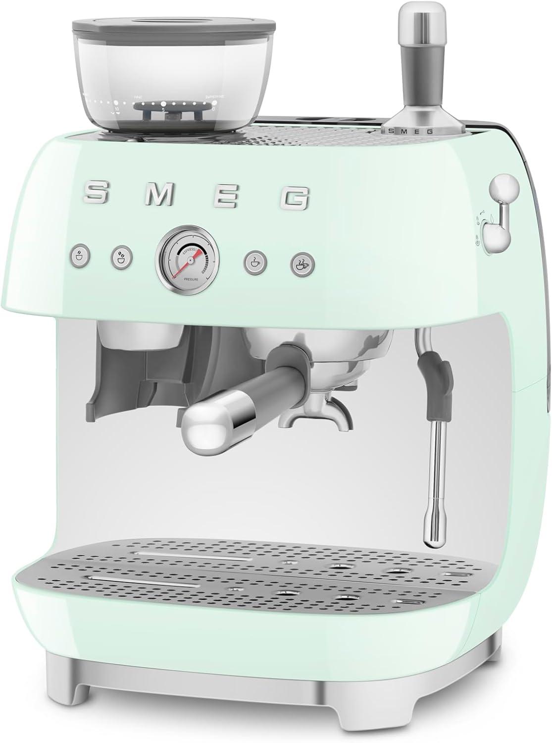 imageSmeg EGF03 SemiAutomatic Espresso Machine with BuiltIn Grinder Dual Thermoblock 50s Retro Style Pastel Blue 120 VPastel Green