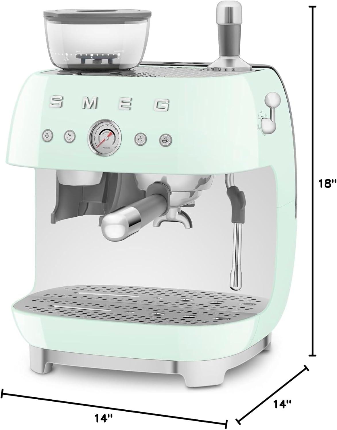 imageSmeg EGF03 SemiAutomatic Espresso Machine with BuiltIn Grinder Dual Thermoblock 50s Retro Style Pastel Blue 120 VPastel Green