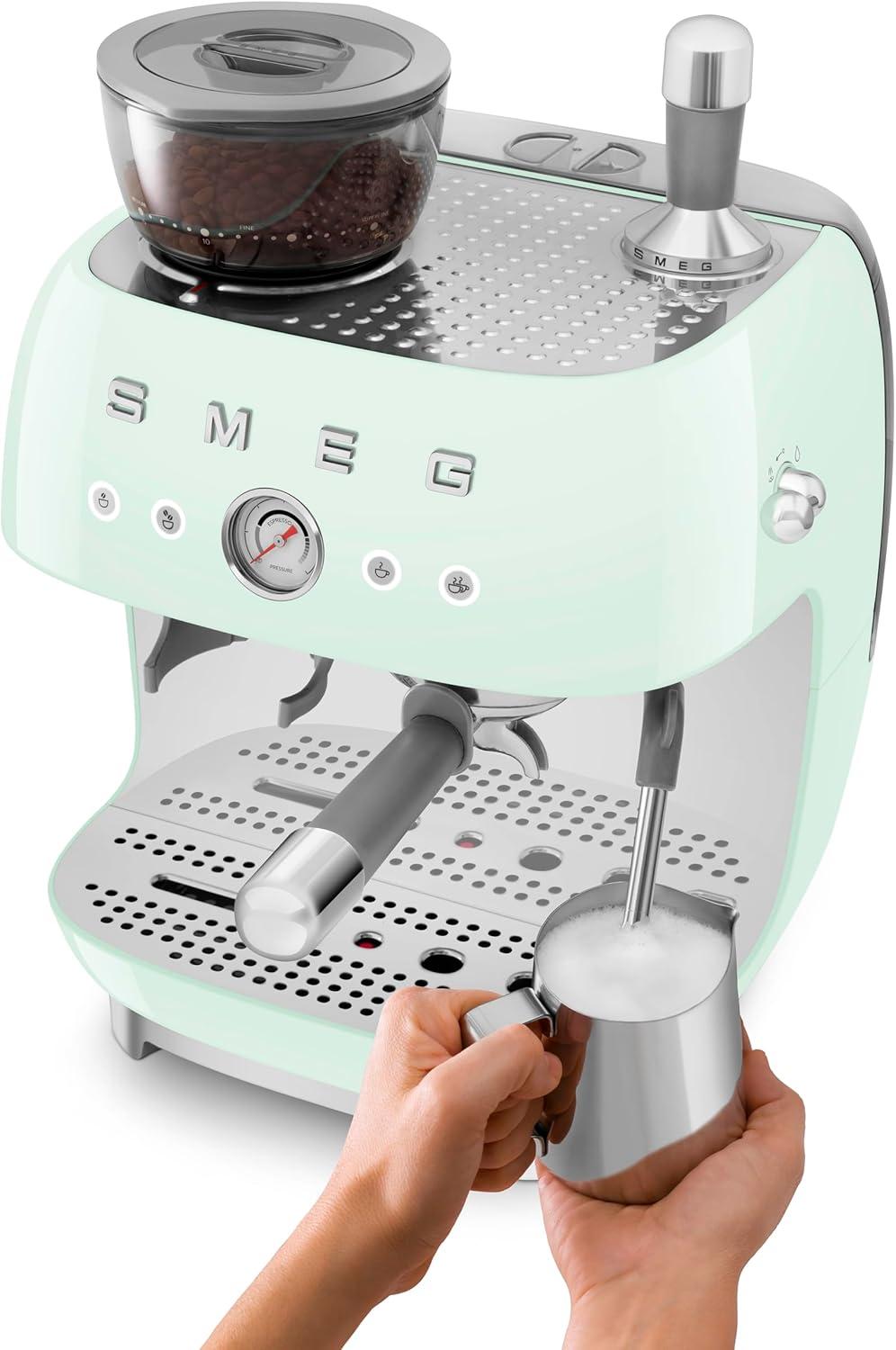 imageSmeg EGF03 SemiAutomatic Espresso Machine with BuiltIn Grinder Dual Thermoblock 50s Retro Style Pastel Blue 120 VPastel Green