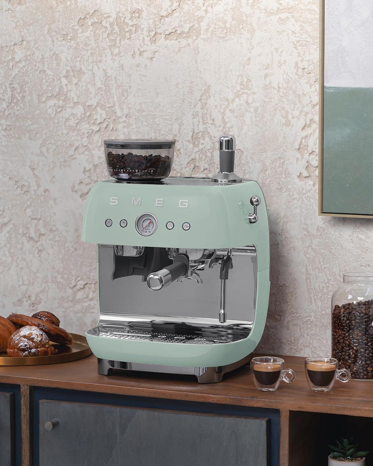 imageSmeg EGF03 SemiAutomatic Espresso Machine with BuiltIn Grinder Dual Thermoblock 50s Retro Style Pastel Blue 120 VPastel Green