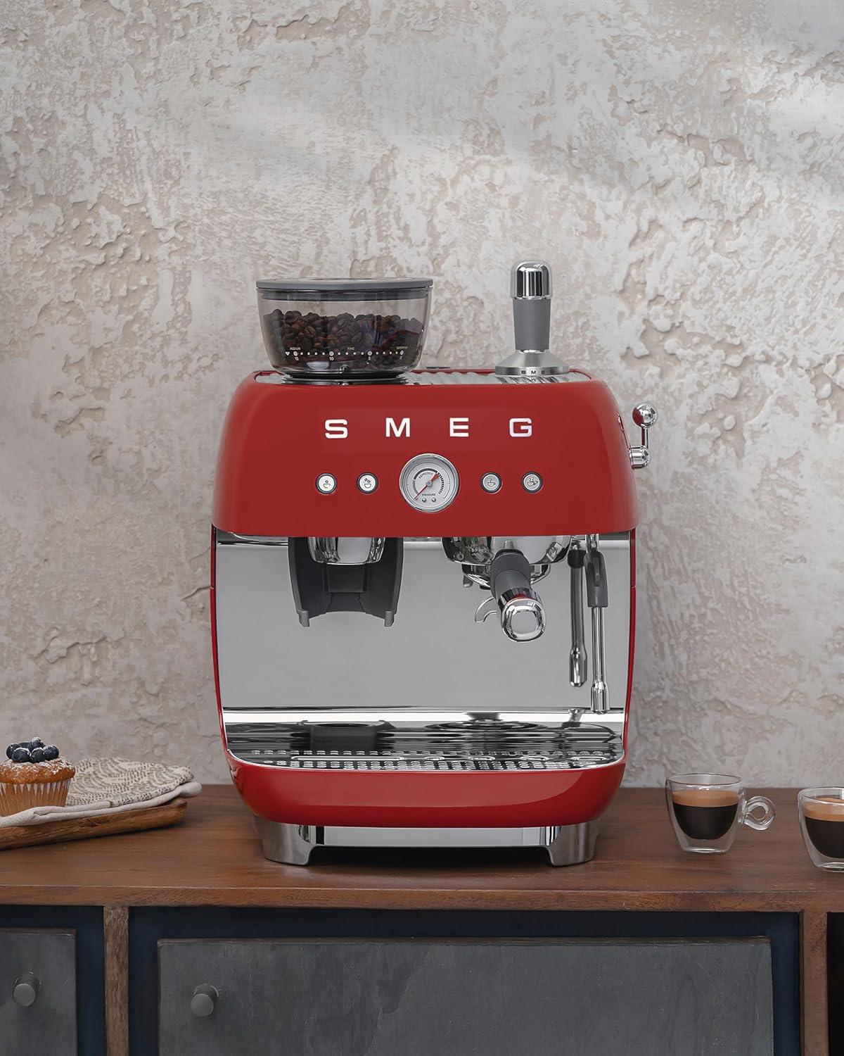imageSmeg EGF03 SemiAutomatic Espresso Machine with BuiltIn Grinder Dual Thermoblock 50s Retro Style Pastel Blue 120 VRed