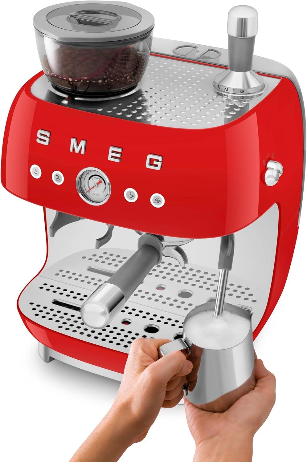 imageSmeg EGF03 SemiAutomatic Espresso Machine with BuiltIn Grinder Dual Thermoblock 50s Retro Style Pastel Blue 120 VRed