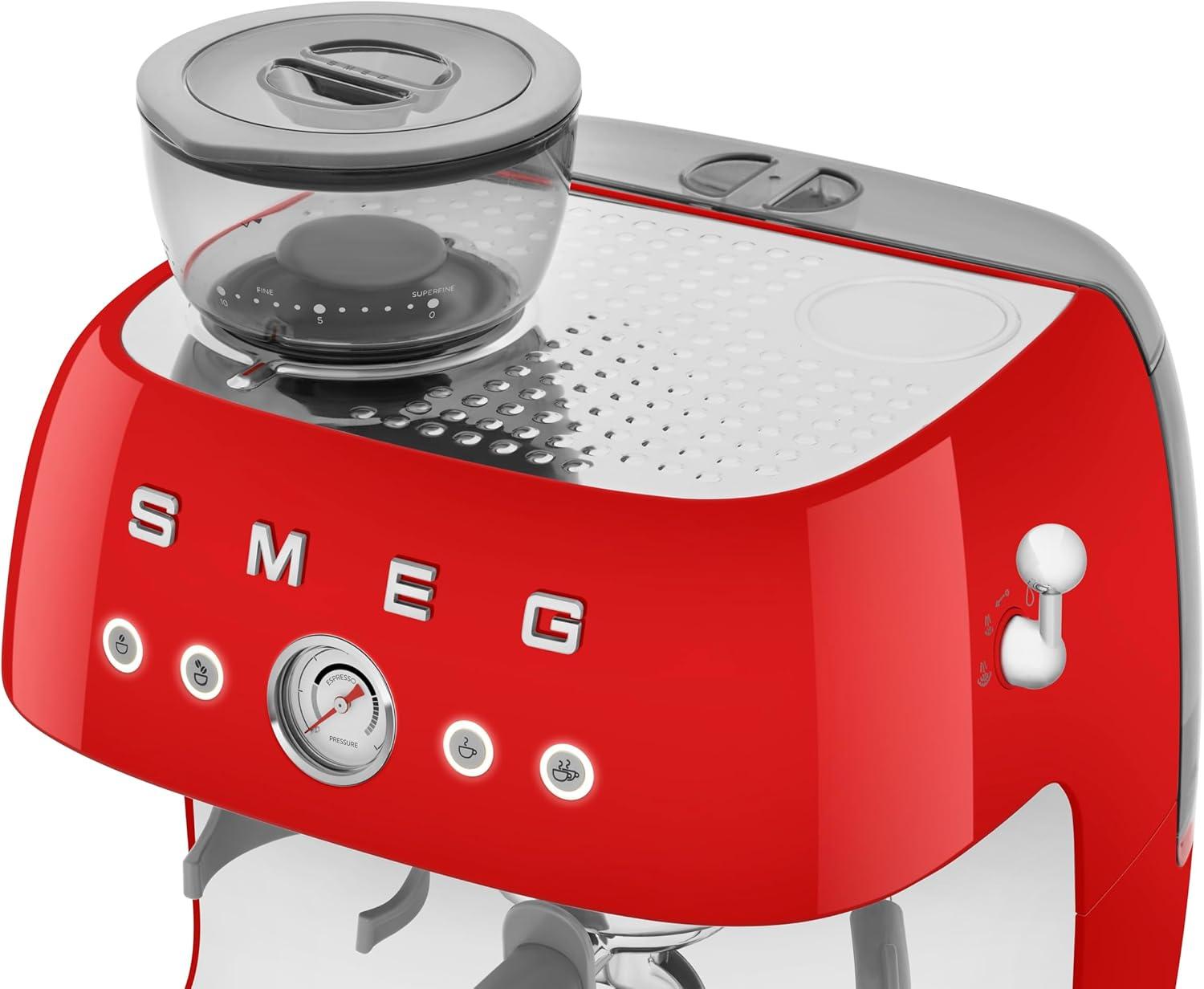 imageSmeg EGF03 SemiAutomatic Espresso Machine with BuiltIn Grinder Dual Thermoblock 50s Retro Style Pastel Blue 120 VRed