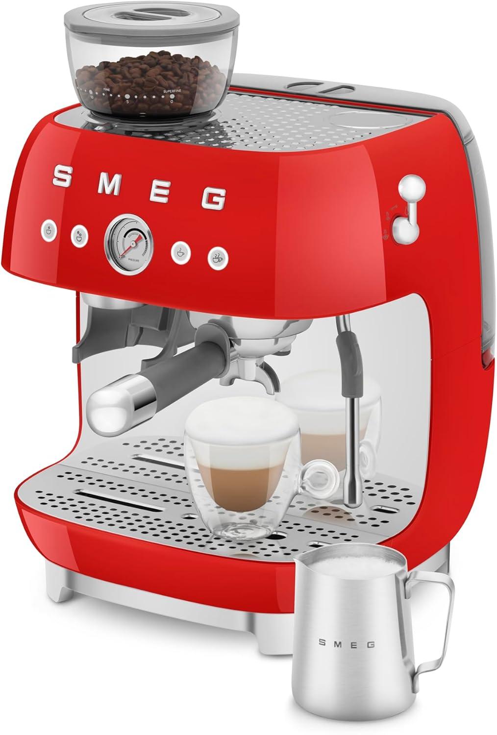 imageSmeg EGF03 SemiAutomatic Espresso Machine with BuiltIn Grinder Dual Thermoblock 50s Retro Style Pastel Blue 120 VRed