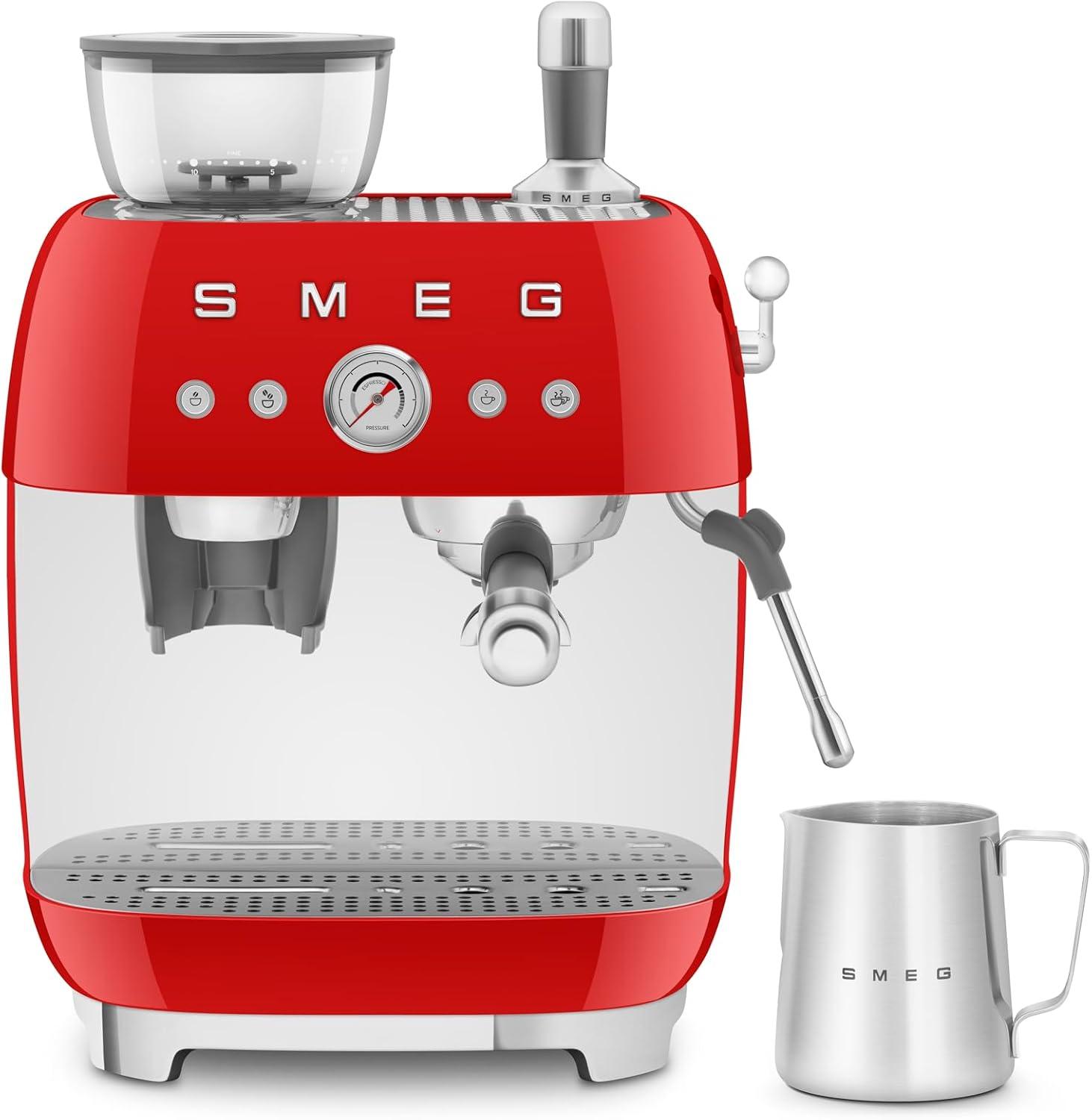 imageSmeg EGF03 SemiAutomatic Espresso Machine with BuiltIn Grinder Dual Thermoblock 50s Retro Style Pastel Blue 120 VRed