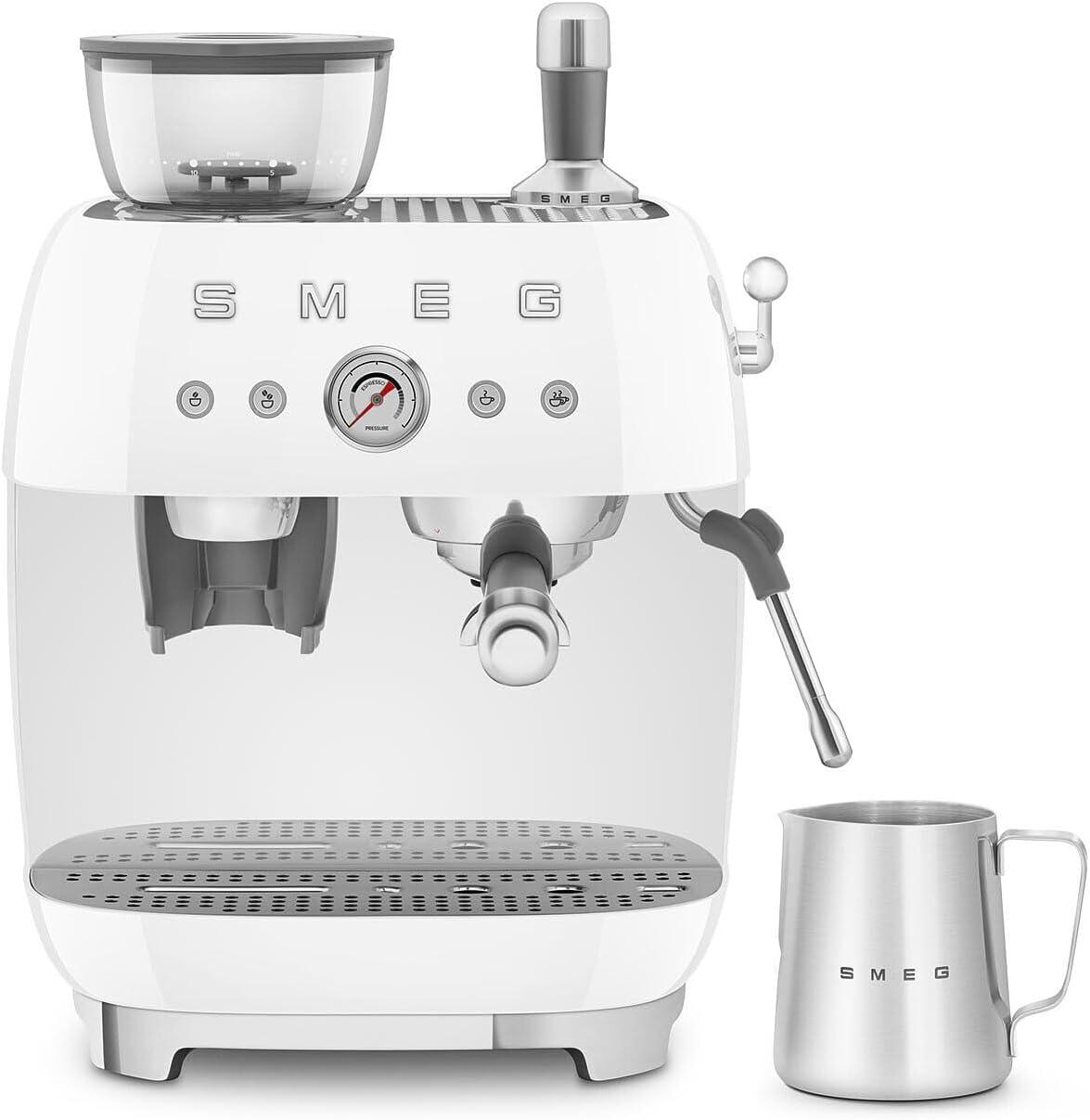 imageSmeg EGF03 SemiAutomatic Espresso Machine with BuiltIn Grinder Dual Thermoblock 50s Retro Style Pastel Blue 120 VWhite