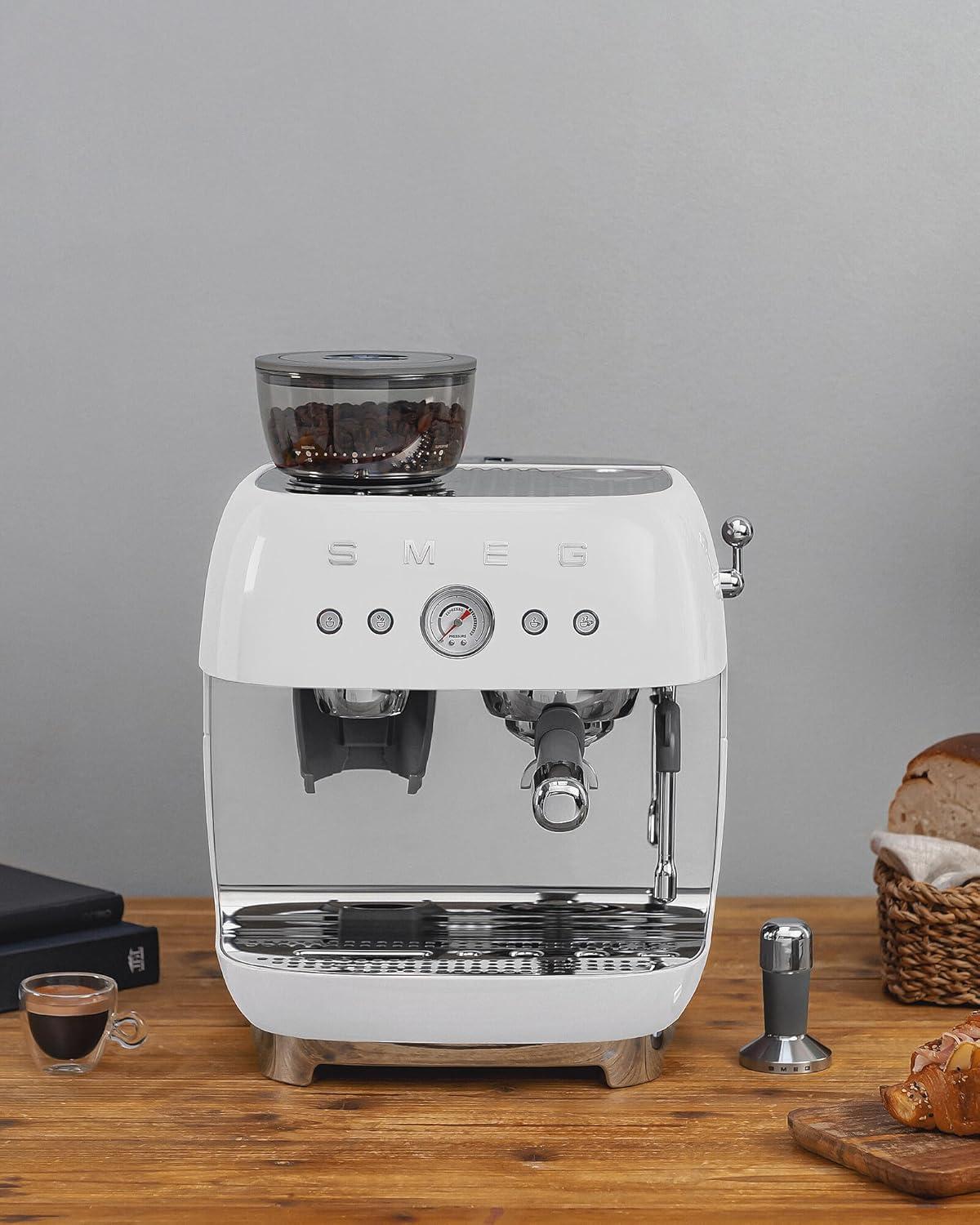 imageSmeg EGF03 SemiAutomatic Espresso Machine with BuiltIn Grinder Dual Thermoblock 50s Retro Style Pastel Blue 120 VWhite