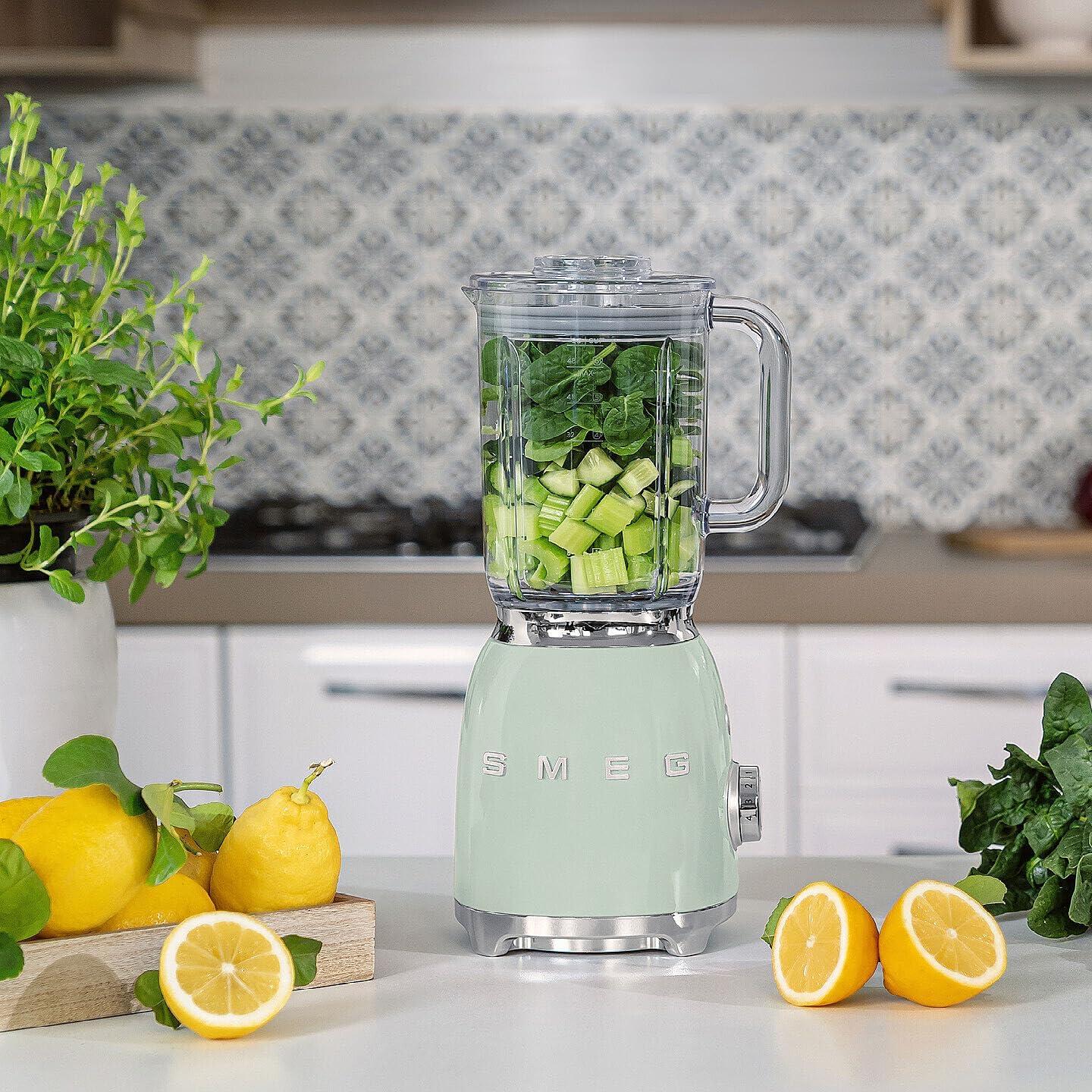 imageSMEG BLF03 Retro Style Blender 600W Countertop Blender with 48 oz BPAFree Jug 3 Speeds Pulse Ice Crush ampamp Smoothie Functions 50sInspired DesignWhitePastel Green