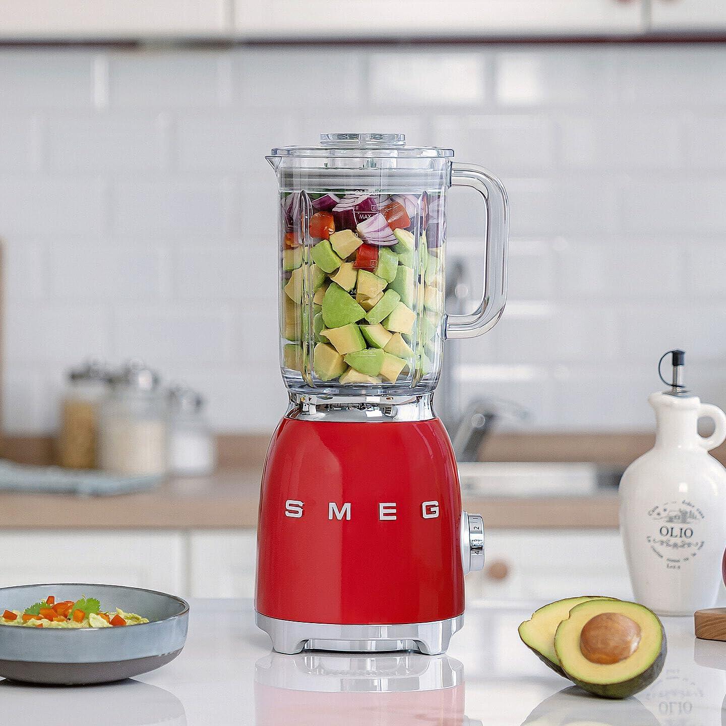 imageSMEG BLF03 Retro Style Blender 600W Countertop Blender with 48 oz BPAFree Jug 3 Speeds Pulse Ice Crush ampamp Smoothie Functions 50sInspired DesignWhiteRed