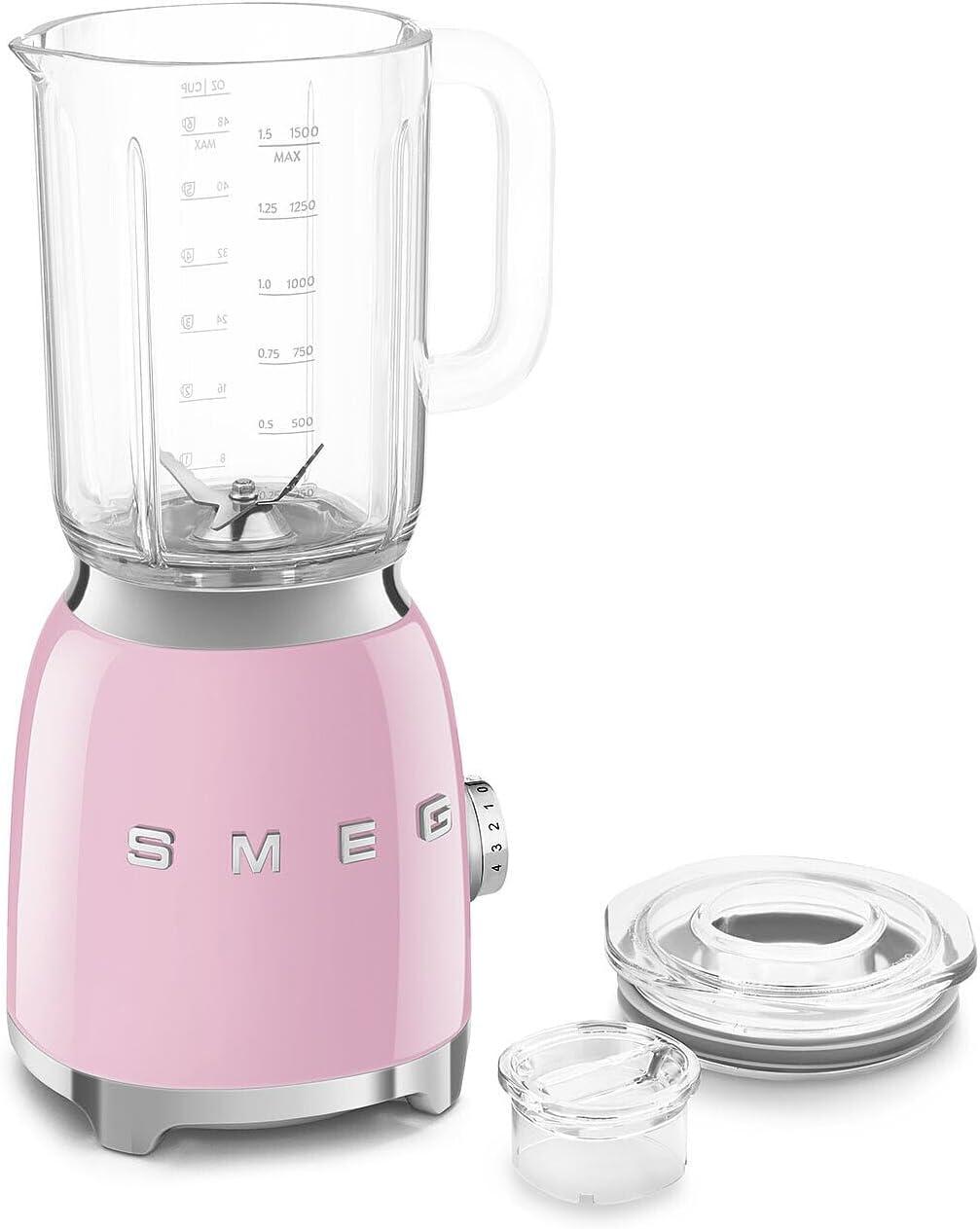 imageSMEG BLF03 Retro Style Blender 600W Countertop Blender with 48 oz BPAFree Jug 3 Speeds Pulse Ice Crush ampamp Smoothie Functions 50sInspired DesignWhitePink