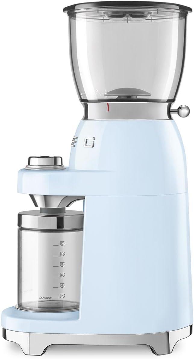 imageSMEG CGF11 RetroStyle Coffee Grinder Burr Mill with 30 Grind Settings Stainless Steel Conical Burrs Removable Hopper Precision Countertop Grinder for Espresso Drip French PressPastel GreenPastel Blue