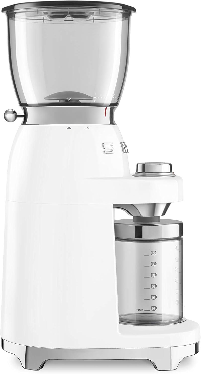 imageSMEG CGF11 RetroStyle Coffee Grinder Burr Mill with 30 Grind Settings Stainless Steel Conical Burrs Removable Hopper Precision Countertop Grinder for Espresso Drip French PressPastel GreenWhite