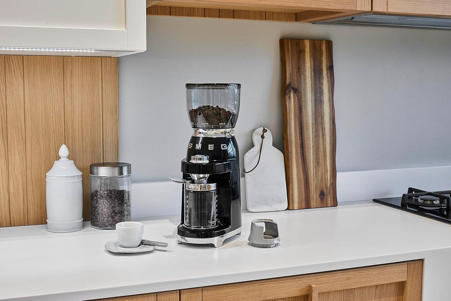 imageSMEG CGF11 RetroStyle Coffee Grinder Burr Mill with 30 Grind Settings Stainless Steel Conical Burrs Removable Hopper Precision Countertop Grinder for Espresso Drip French PressPastel GreenBlack