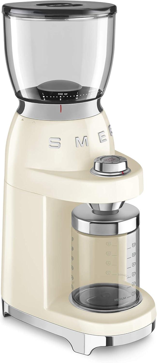 imageSMEG CGF11 RetroStyle Coffee Grinder Burr Mill with 30 Grind Settings Stainless Steel Conical Burrs Removable Hopper Precision Countertop Grinder for Espresso Drip French PressPastel GreenCream