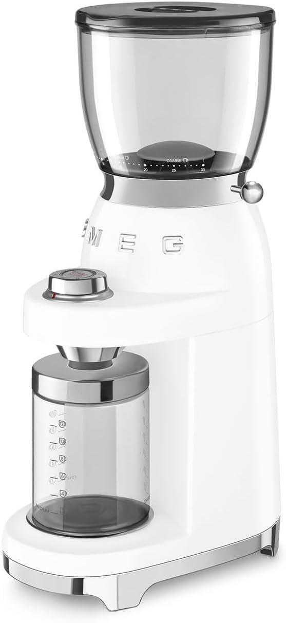 imageSMEG CGF11 RetroStyle Coffee Grinder Burr Mill with 30 Grind Settings Stainless Steel Conical Burrs Removable Hopper Precision Countertop Grinder for Espresso Drip French PressPastel GreenWhite