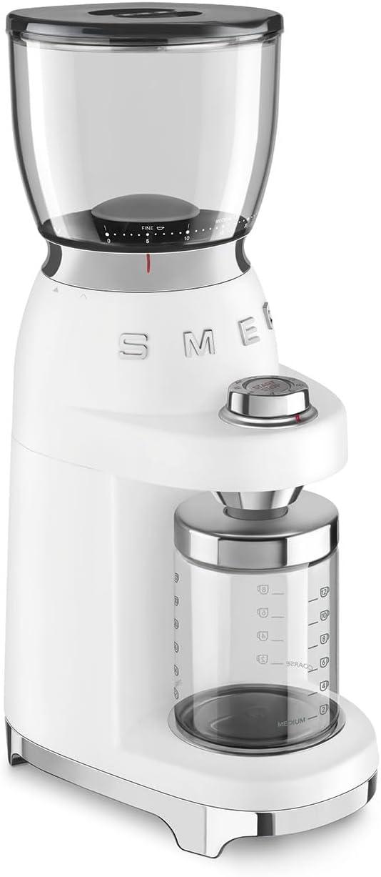 imageSMEG CGF11 RetroStyle Coffee Grinder Burr Mill with 30 Grind Settings Stainless Steel Conical Burrs Removable Hopper Precision Countertop Grinder for Espresso Drip French PressPastel GreenWhite