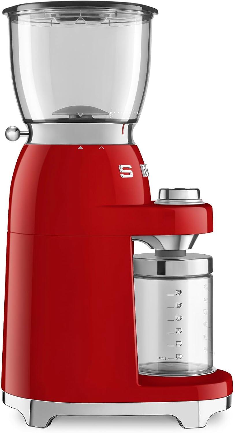 imageSMEG CGF11 RetroStyle Coffee Grinder Burr Mill with 30 Grind Settings Stainless Steel Conical Burrs Removable Hopper Precision Countertop Grinder for Espresso Drip French PressPastel GreenRed