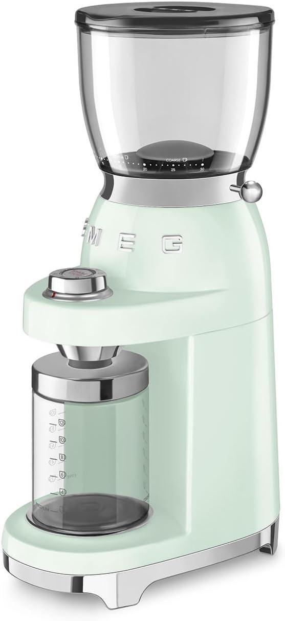 imageSMEG CGF11 RetroStyle Coffee Grinder Burr Mill with 30 Grind Settings Stainless Steel Conical Burrs Removable Hopper Precision Countertop Grinder for Espresso Drip French PressPastel GreenPastel Green