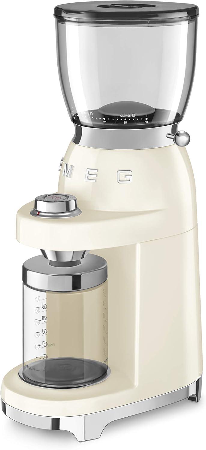 imageSMEG CGF11 RetroStyle Coffee Grinder Burr Mill with 30 Grind Settings Stainless Steel Conical Burrs Removable Hopper Precision Countertop Grinder for Espresso Drip French PressPastel GreenCream