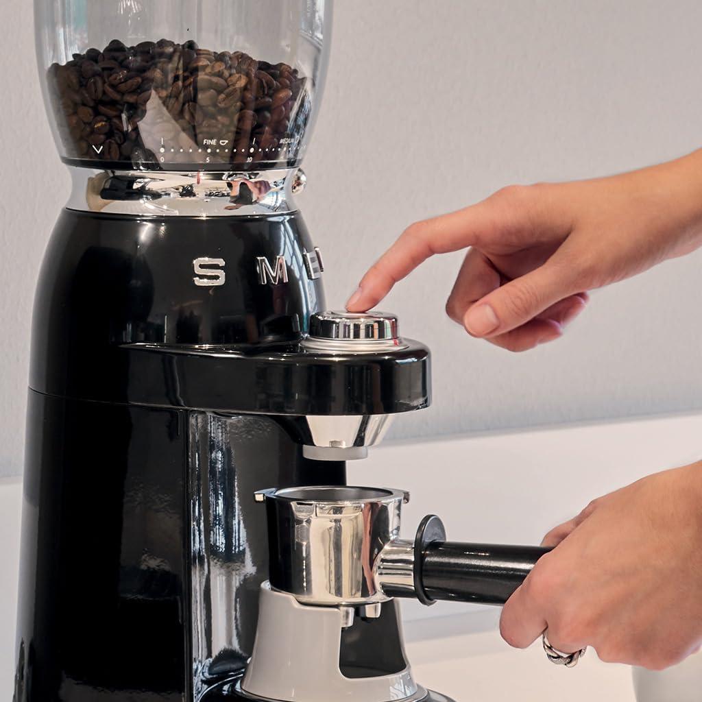 imageSMEG CGF11 RetroStyle Coffee Grinder Burr Mill with 30 Grind Settings Stainless Steel Conical Burrs Removable Hopper Precision Countertop Grinder for Espresso Drip French PressPastel GreenBlack
