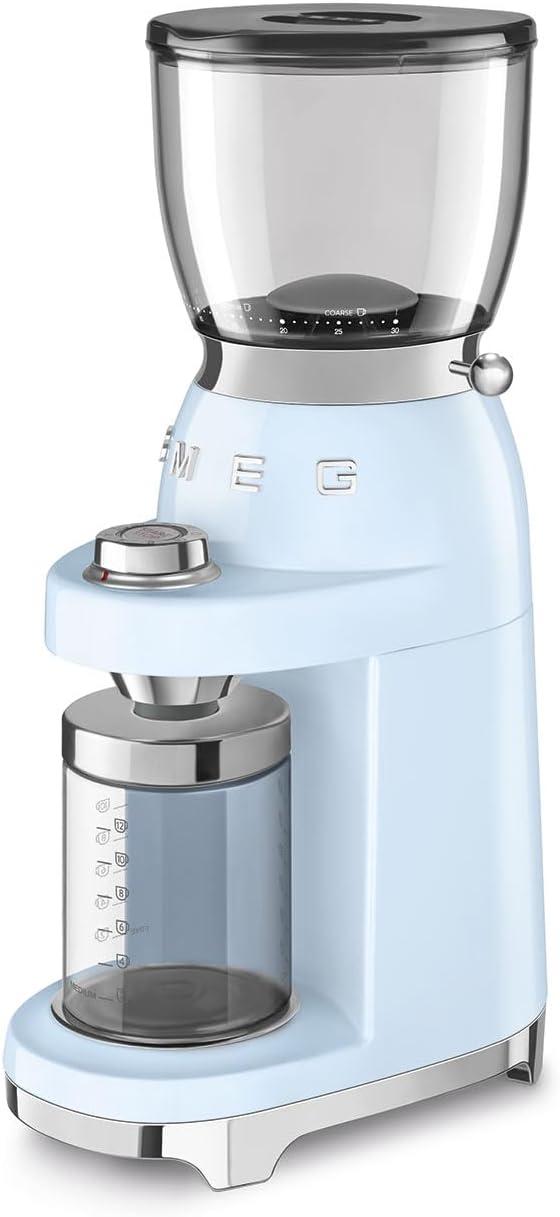 imageSMEG CGF11 RetroStyle Coffee Grinder Burr Mill with 30 Grind Settings Stainless Steel Conical Burrs Removable Hopper Precision Countertop Grinder for Espresso Drip French PressPastel GreenPastel Blue