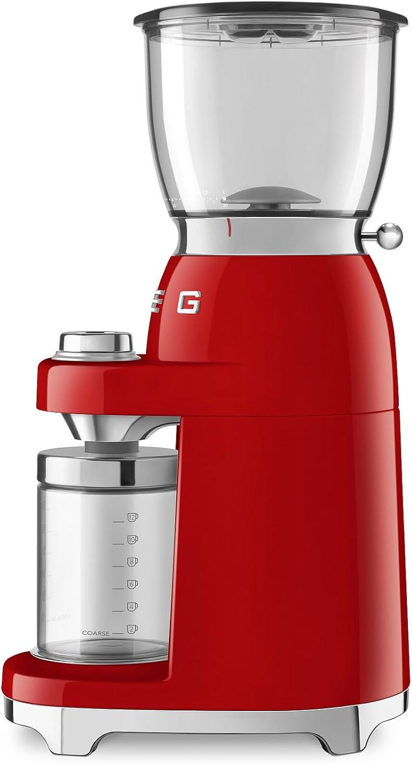 imageSMEG CGF11 RetroStyle Coffee Grinder Burr Mill with 30 Grind Settings Stainless Steel Conical Burrs Removable Hopper Precision Countertop Grinder for Espresso Drip French PressPastel GreenRed